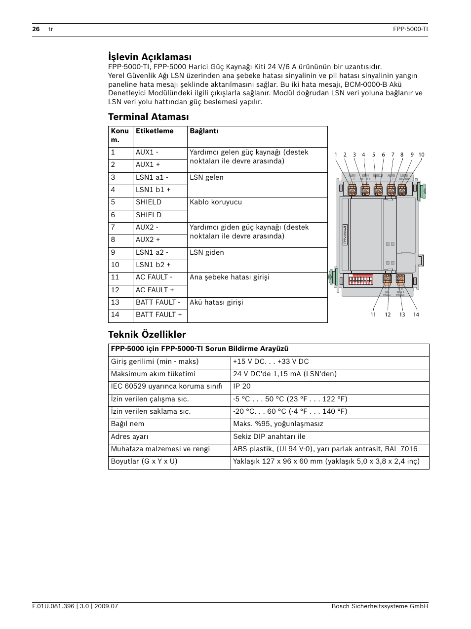 Terminal ataması, Teknik özellikler, Işlevin açıklaması | Terminal ataması teknik özellikler | Bosch FPP-5000-TI Trouble Interface for FPP-5000 User Manual | Page 26 / 28