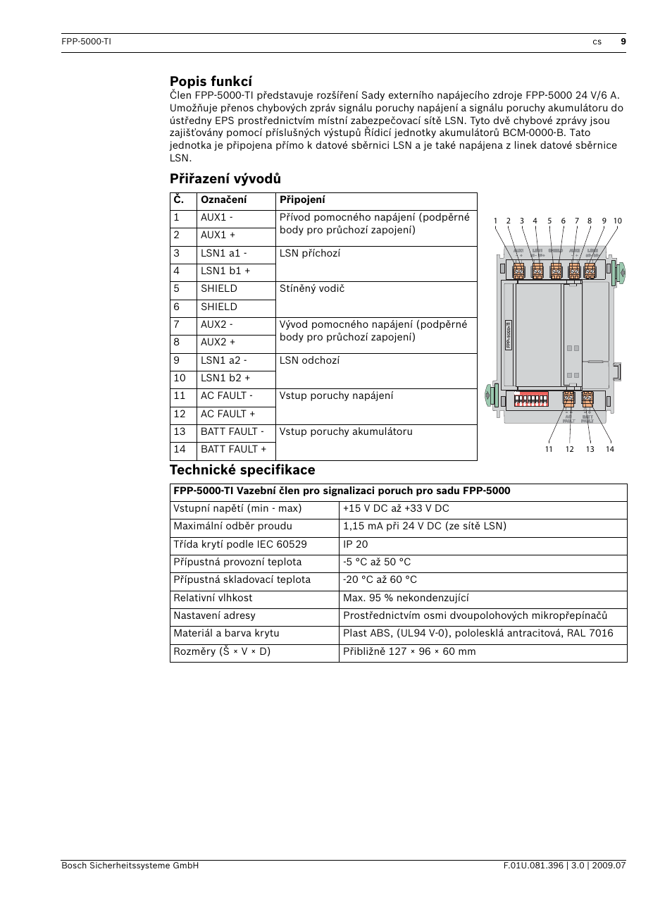 Přiřazení vývodů, Technické specifikace, Popis funkcí | Přiřazení vývodů technické specifikace | Bosch FPP-5000-TI Trouble Interface for FPP-5000 User Manual | Page 9 / 28