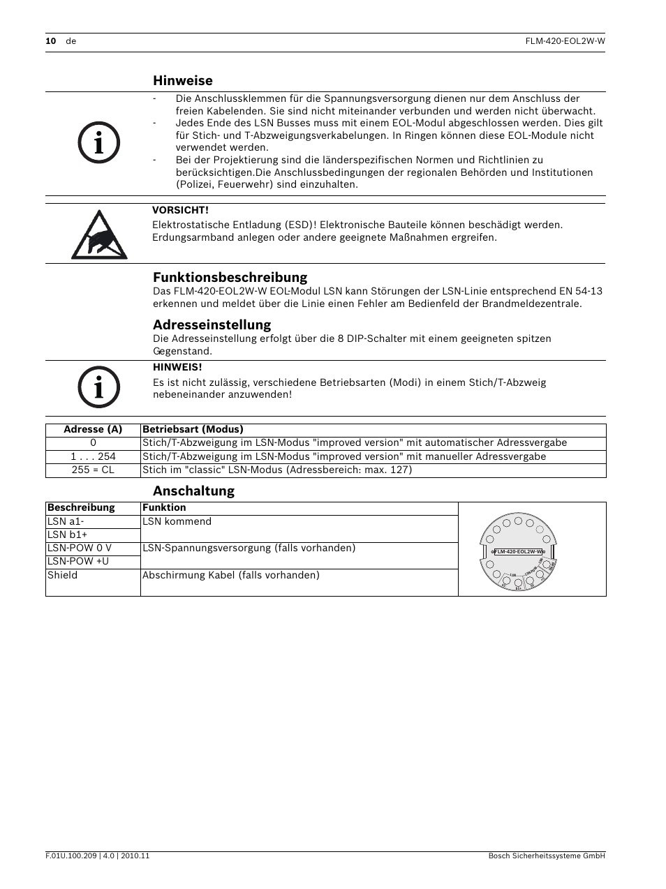Hinweise, Funktionsbeschreibung, Adresseinstellung | Anschaltung, Hinweise funktionsbeschreibung | Bosch FLM-420-EOL2W-W EOL Module LSN User Manual | Page 10 / 28