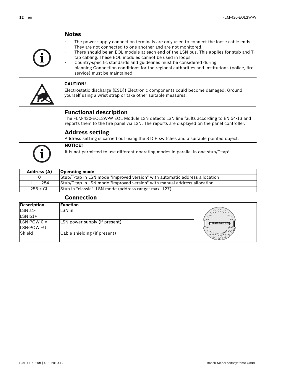 Notes, Functional description, Address setting | Connection | Bosch FLM-420-EOL2W-W EOL Module LSN User Manual | Page 12 / 28
