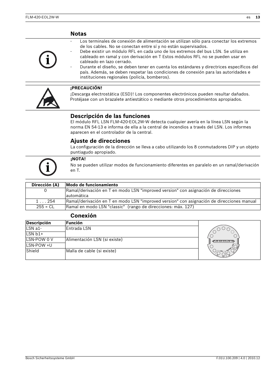 Notas, Descripción de las funciones, Ajuste de direcciones | Conexión, Notas descripción de las funciones | Bosch FLM-420-EOL2W-W EOL Module LSN User Manual | Page 13 / 28