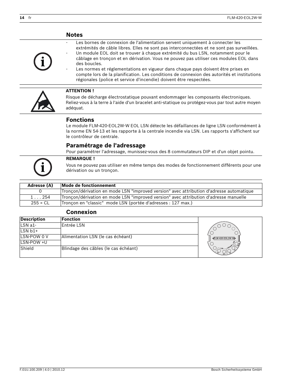 Notes, Fonctions, Paramétrage de l'adressage | Connexion | Bosch FLM-420-EOL2W-W EOL Module LSN User Manual | Page 14 / 28