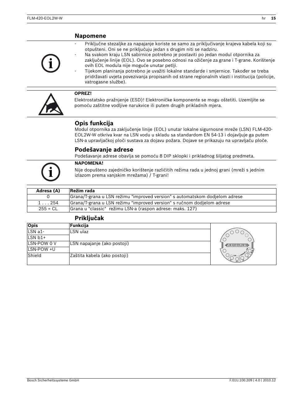 Napomene, Opis funkcija, Podešavanje adrese | Priključak, Napomene opis funkcija | Bosch FLM-420-EOL2W-W EOL Module LSN User Manual | Page 15 / 28