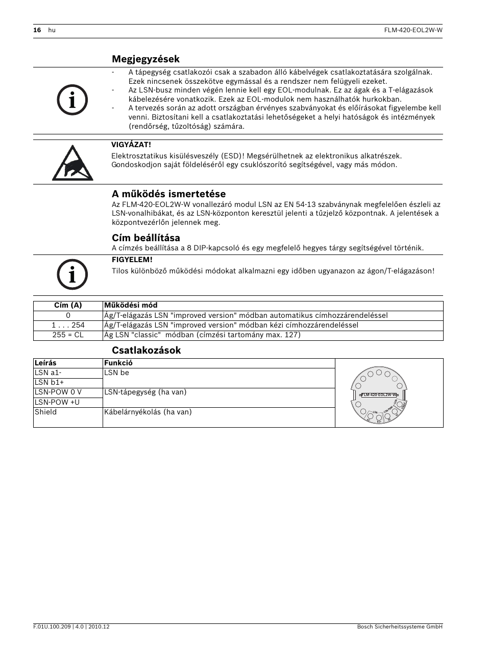 Megjegyzések, A működés ismertetése, Cím beállítása | Csatlakozások, Megjegyzések a működés ismertetése | Bosch FLM-420-EOL2W-W EOL Module LSN User Manual | Page 16 / 28