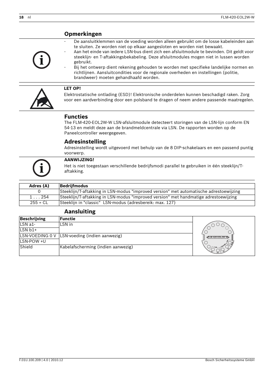 Opmerkingen, Functies, Adresinstelling | Aansluiting, Opmerkingen functies | Bosch FLM-420-EOL2W-W EOL Module LSN User Manual | Page 18 / 28