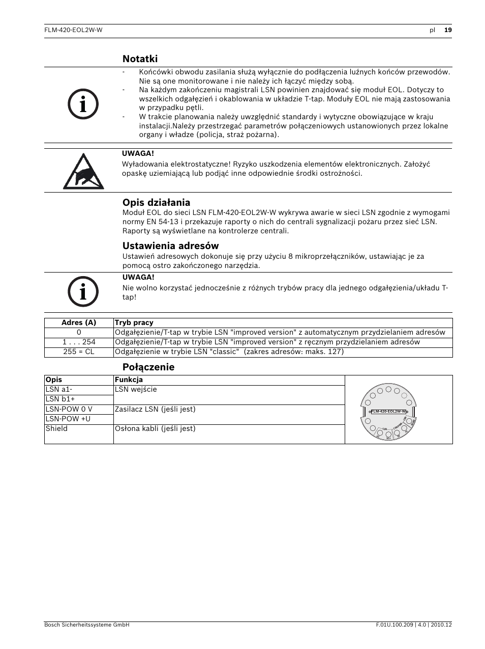Notatki, Opis działania, Ustawienia adresów | Połączenie, Notatki opis działania | Bosch FLM-420-EOL2W-W EOL Module LSN User Manual | Page 19 / 28