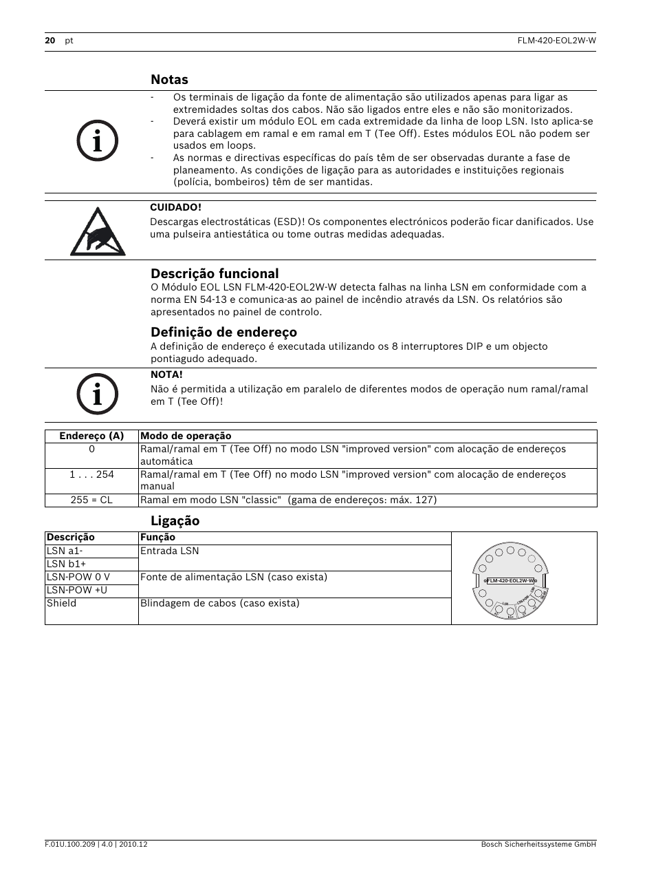 Notas, Descrição funcional, Definição de endereço | Ligação, Notas descrição funcional | Bosch FLM-420-EOL2W-W EOL Module LSN User Manual | Page 20 / 28