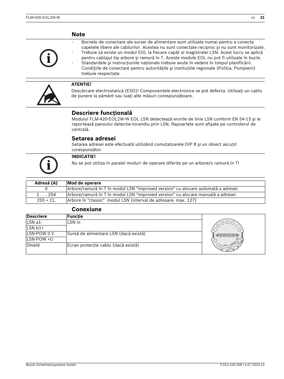 Note, Descriere funcţională, Setarea adresei | Conexiune | Bosch FLM-420-EOL2W-W EOL Module LSN User Manual | Page 21 / 28