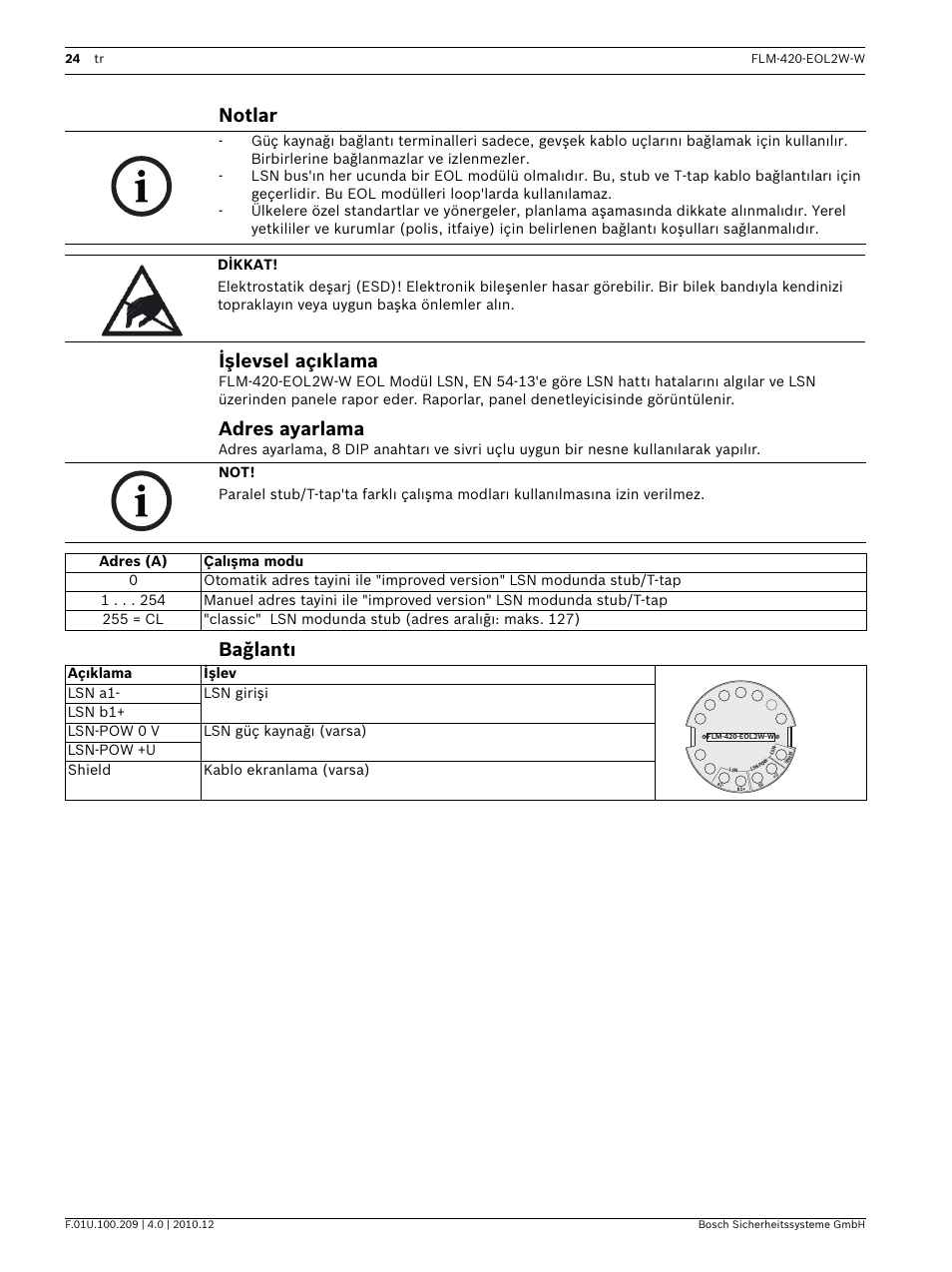 Notlar, Işlevsel açıklama, Adres ayarlama | Bağlantı, Notlar işlevsel açıklama | Bosch FLM-420-EOL2W-W EOL Module LSN User Manual | Page 24 / 28