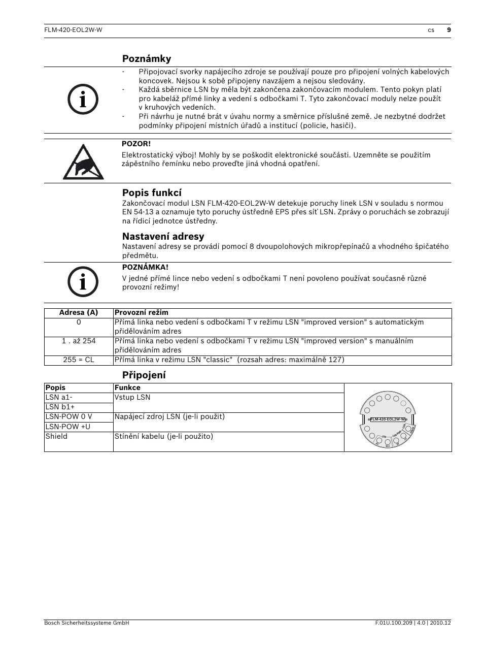 Poznámky, Popis funkcí, Nastavení adresy | Připojení, Poznámky popis funkcí | Bosch FLM-420-EOL2W-W EOL Module LSN User Manual | Page 9 / 28