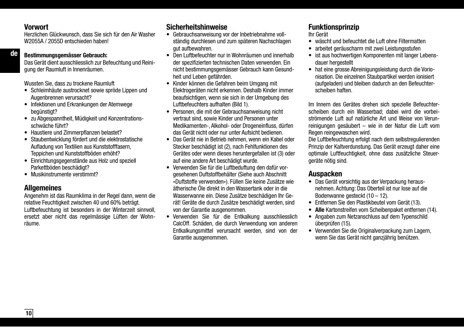 De vorwort, Allgemeines, Sicherheitshinweise | Funktionsprinzip, Auspacken | Boneco Air-O-Swiss AOS W2055A User Manual | Page 10 / 128