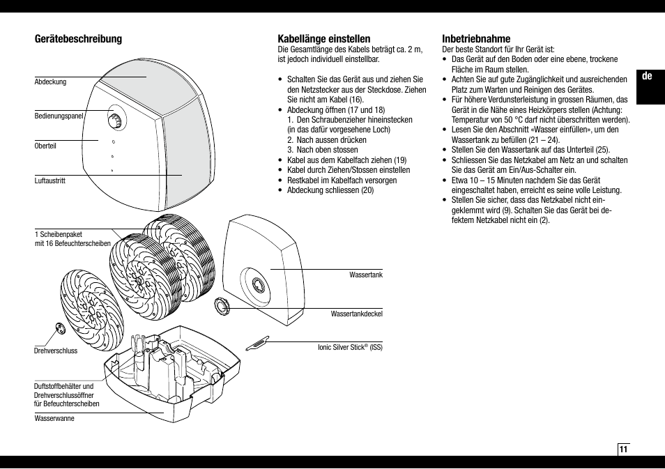 Gerätebeschreibung, Kabellänge einstellen, Inbetriebnahme | Boneco Air-O-Swiss AOS W2055A User Manual | Page 11 / 128