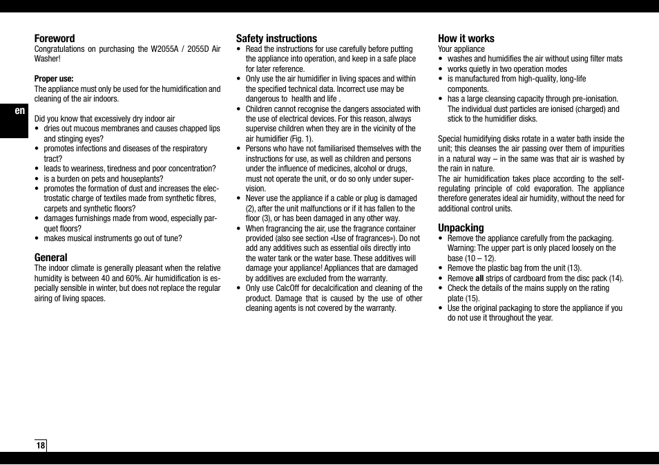 En foreword, General, Safety instructions | How it works, Unpacking | Boneco Air-O-Swiss AOS W2055A User Manual | Page 18 / 128