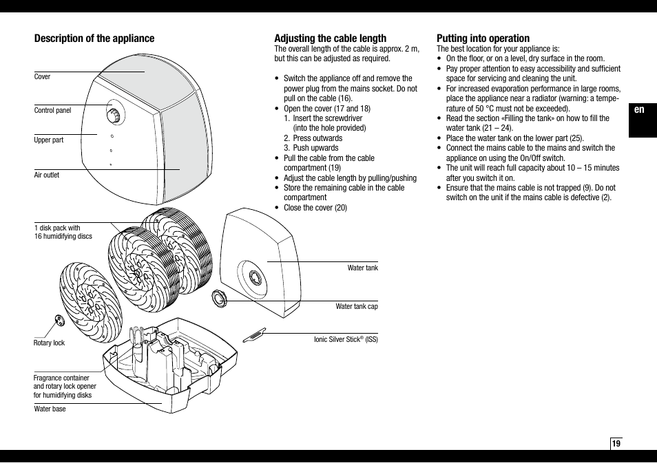 Description of the appliance, Adjusting the cable length, Putting into operation | Boneco Air-O-Swiss AOS W2055A User Manual | Page 19 / 128