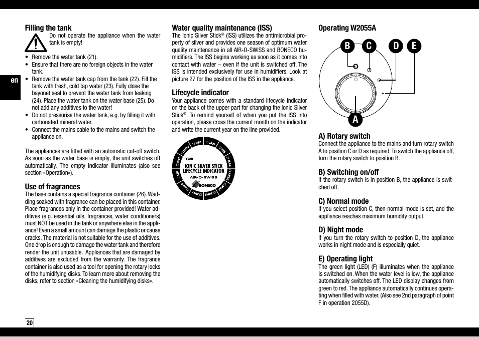 Boneco Air-O-Swiss AOS W2055A User Manual | Page 20 / 128