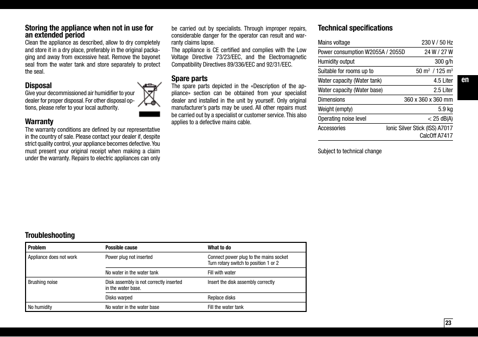 Disposal, Warranty, Technical specifications | Troubleshooting, Spare parts | Boneco Air-O-Swiss AOS W2055A User Manual | Page 23 / 128