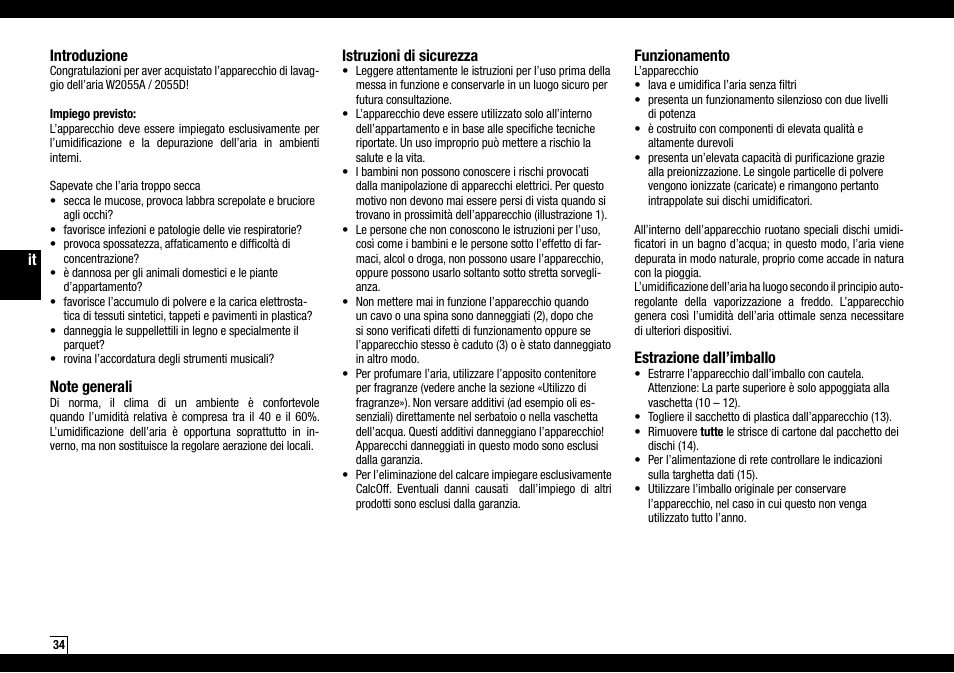 It introduzione, Istruzioni di sicurezza, Funzionamento | Estrazione dall’imballo | Boneco Air-O-Swiss AOS W2055A User Manual | Page 34 / 128