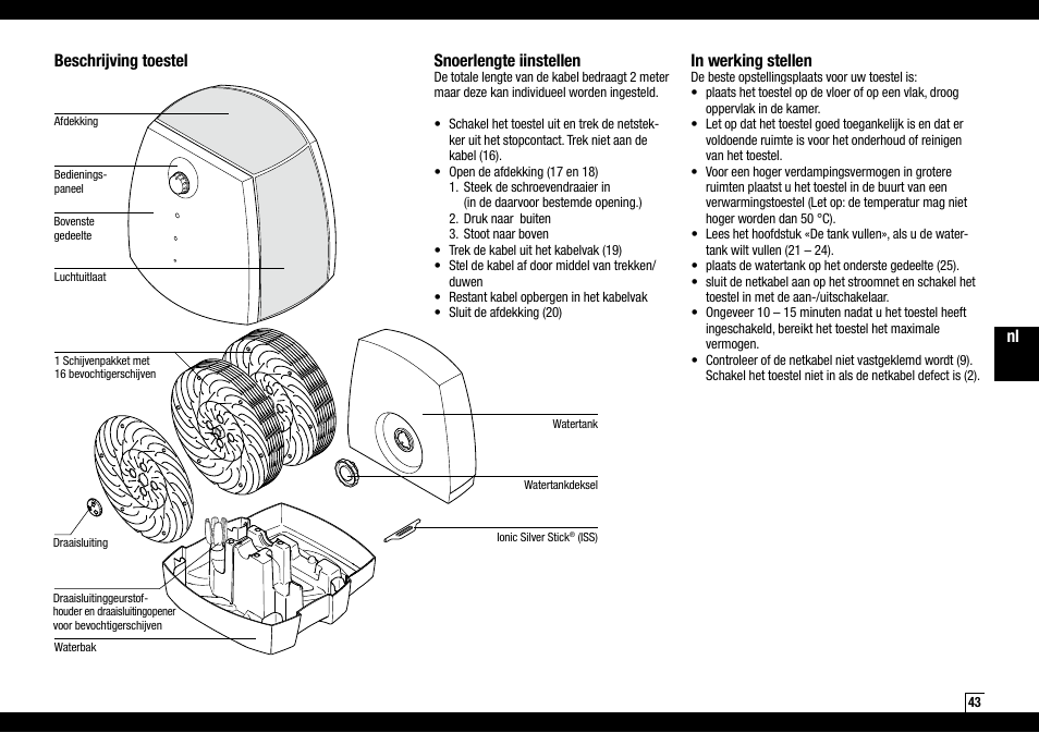 Beschrijving toestel, Snoerlengte iinstellen | Boneco Air-O-Swiss AOS W2055A User Manual | Page 43 / 128