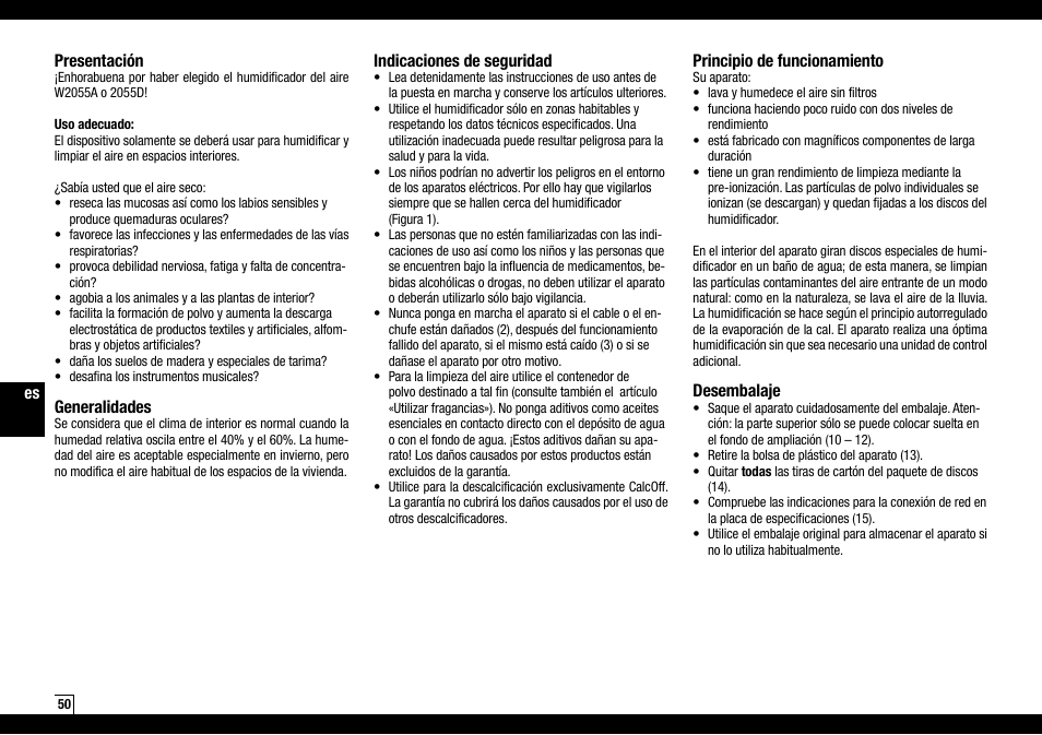 Es presentación, Generalidades, Indicaciones de seguridad | Principio de funcionamiento, Desembalaje | Boneco Air-O-Swiss AOS W2055A User Manual | Page 50 / 128