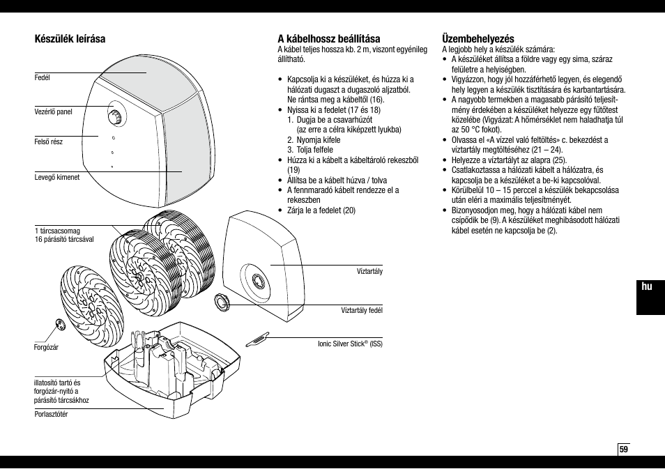 Készülék leírása, A kábelhossz beállítása, Üzembehelyezés | Boneco Air-O-Swiss AOS W2055A User Manual | Page 59 / 128