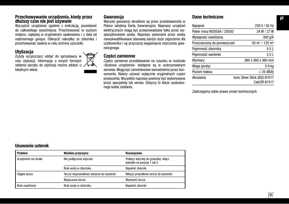 Utylizacja, Dane techniczne, Usuwanie usterek gwarancja | Części zamienne | Boneco Air-O-Swiss AOS W2055A User Manual | Page 71 / 128
