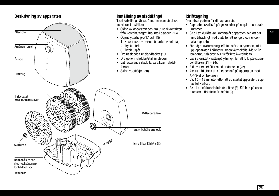 Beskrivning av apparaten, Inställning av sladdlängd, Idrifttagning | Boneco Air-O-Swiss AOS W2055A User Manual | Page 75 / 128