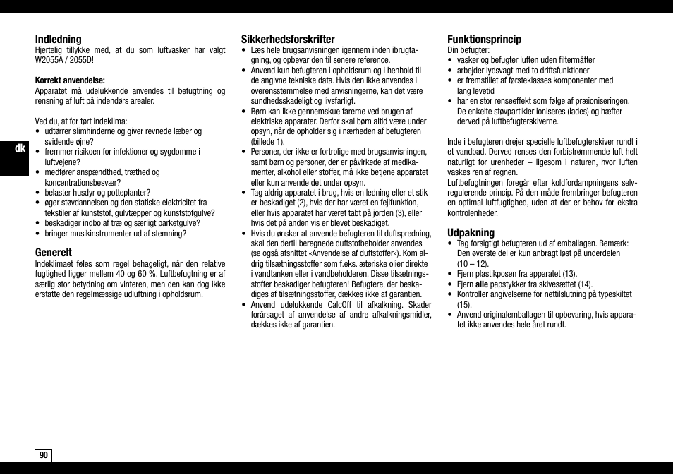 Indledning, Generelt, Sikkerhedsforskrifter | Funktionsprincip, Udpakning | Boneco Air-O-Swiss AOS W2055A User Manual | Page 90 / 128