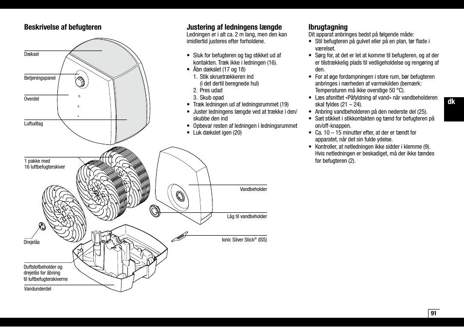 Beskrivelse af befugteren, Justering af ledningens længde, Ibrugtagning | Boneco Air-O-Swiss AOS W2055A User Manual | Page 91 / 128