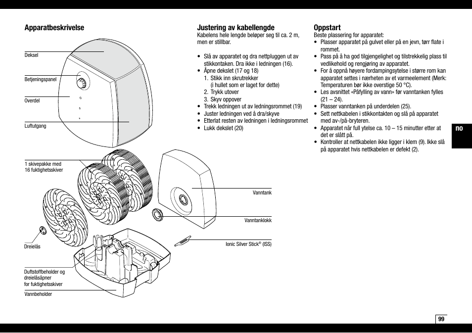 Apparatbeskrivelse, Justering av kabellengde, Oppstart | Boneco Air-O-Swiss AOS W2055A User Manual | Page 99 / 128