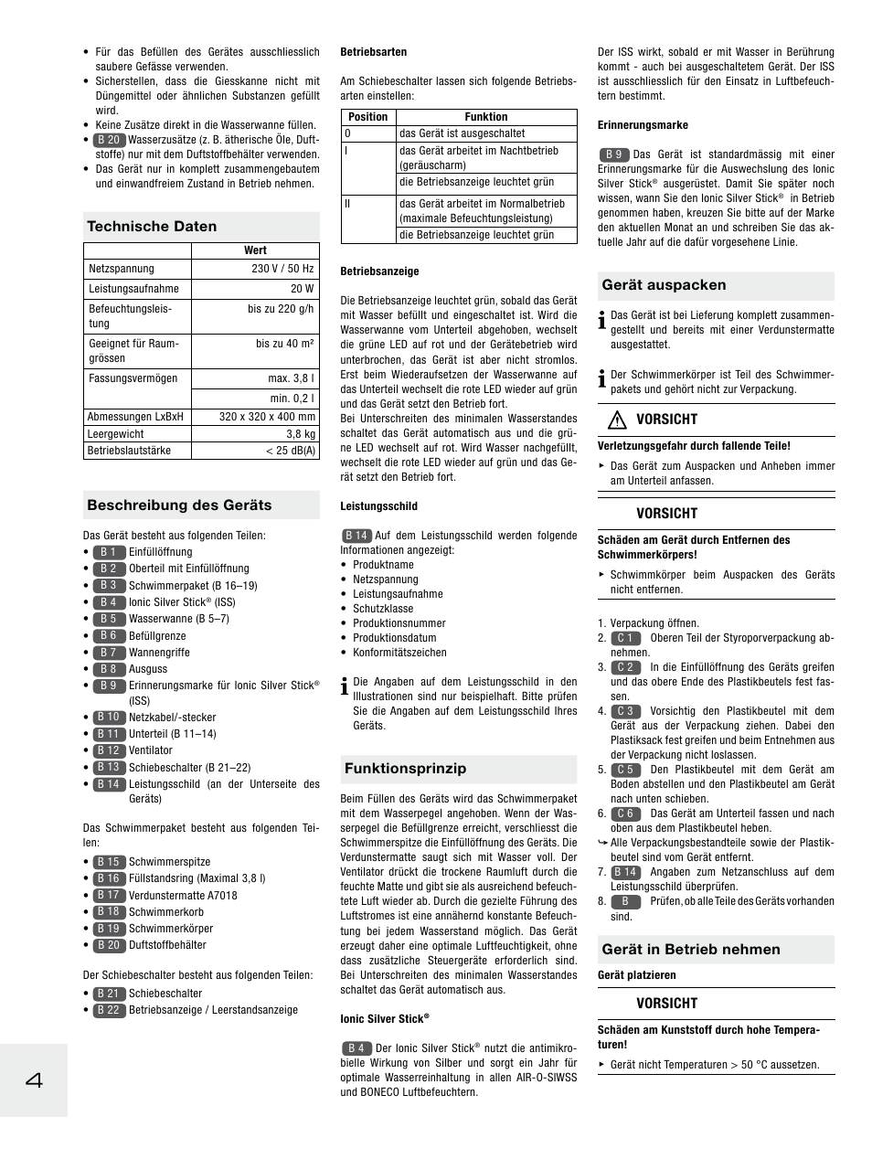 Funktionsprinzip, Gerät auspacken, Vorsicht | Gerät in betrieb nehmen, Technische daten, Beschreibung des geräts | Boneco Air-O-Swiss E2441A User Manual | Page 10 / 114