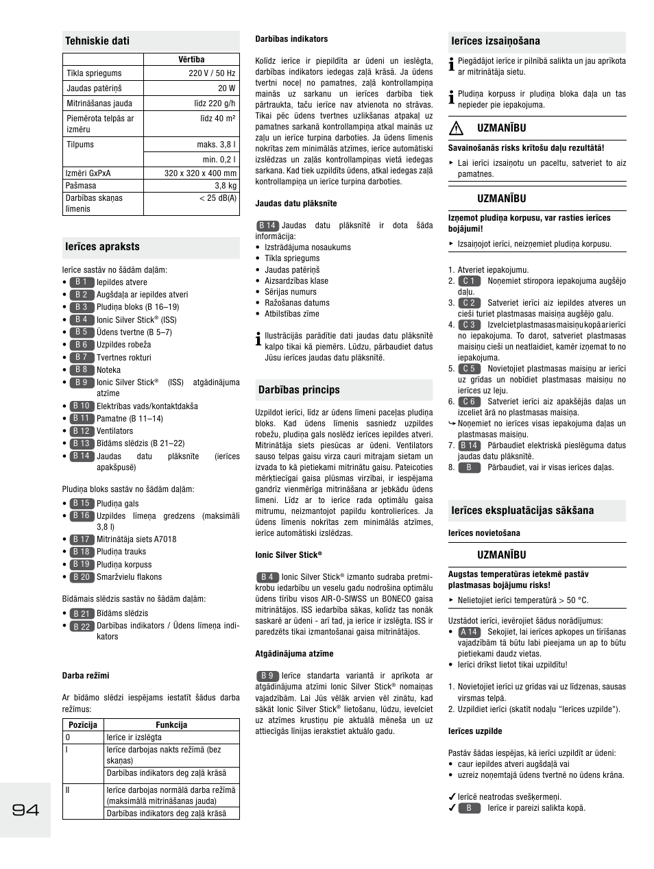 Darbības princips, Ierīces izsaiņošana, Uzmanību | Ierīces ekspluatācijas sākšana, Tehniskie dati, Ierīces apraksts | Boneco Air-O-Swiss E2441A User Manual | Page 100 / 114