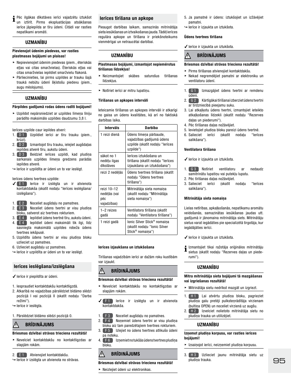 Uzmanību, Ierīces ieslēgšana/izslēgšana, Brīdinājums | Ierīces tīrīšana un apkope | Boneco Air-O-Swiss E2441A User Manual | Page 101 / 114