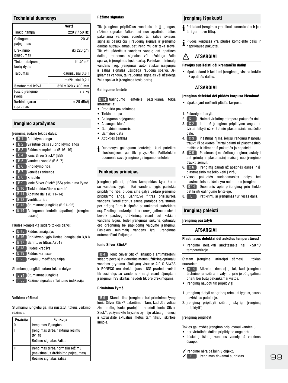 Funkcijos principas, Įrengimą išpakuoti, Atsargiai | Įrengimą paleisti, Techniniai duomenys, Įrengimo aprašymas | Boneco Air-O-Swiss E2441A User Manual | Page 105 / 114