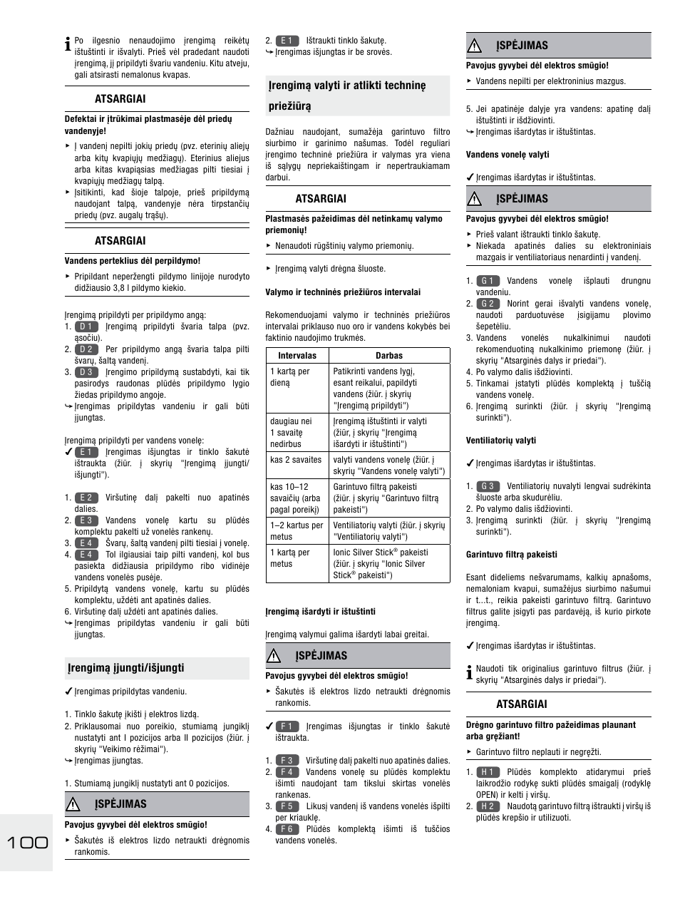 Atsargiai, Įrengimą įjungti/išjungti, Įspėjimas | Įrengimą valyti ir atlikti techninę priežiūrą | Boneco Air-O-Swiss E2441A User Manual | Page 106 / 114