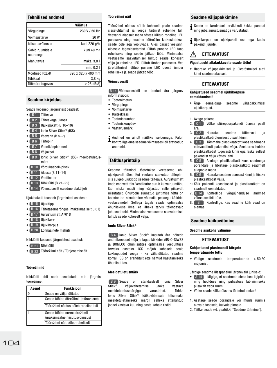 Talitlusprintsiip, Seadme väljapakkimine, Ettevaatust | Seadme käikuvõtmine, Tehnilised andmed, Seadme kirjeldus | Boneco Air-O-Swiss E2441A User Manual | Page 110 / 114