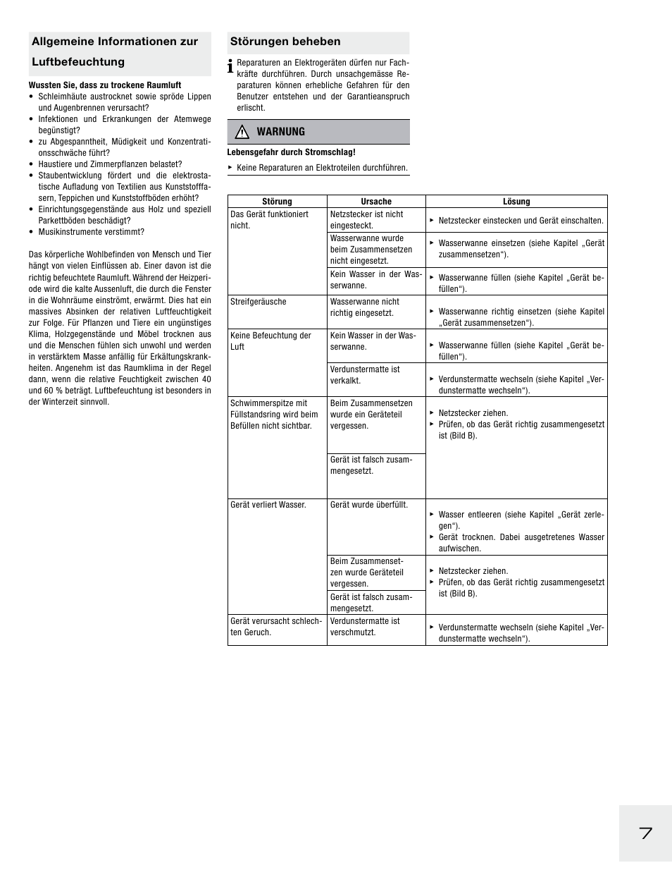 Störungen beheben, Warnung, Allgemeine informationen zur luftbefeuchtung | Boneco Air-O-Swiss E2441A User Manual | Page 13 / 114