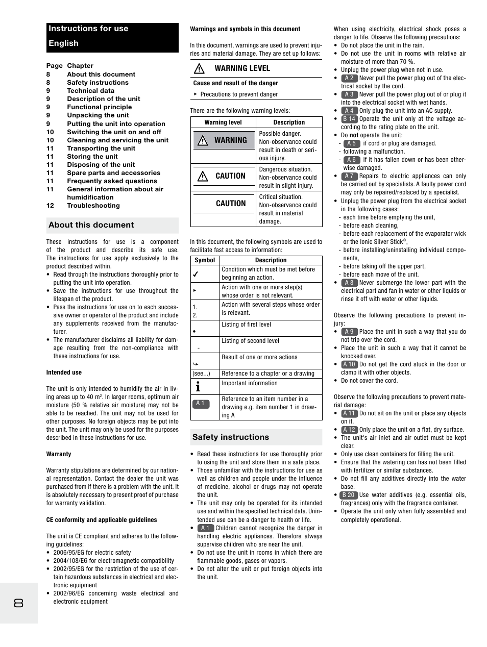 About this document, Warning level, Warning | Caution, Safety instructions, Instructions for use english | Boneco Air-O-Swiss E2441A User Manual | Page 14 / 114