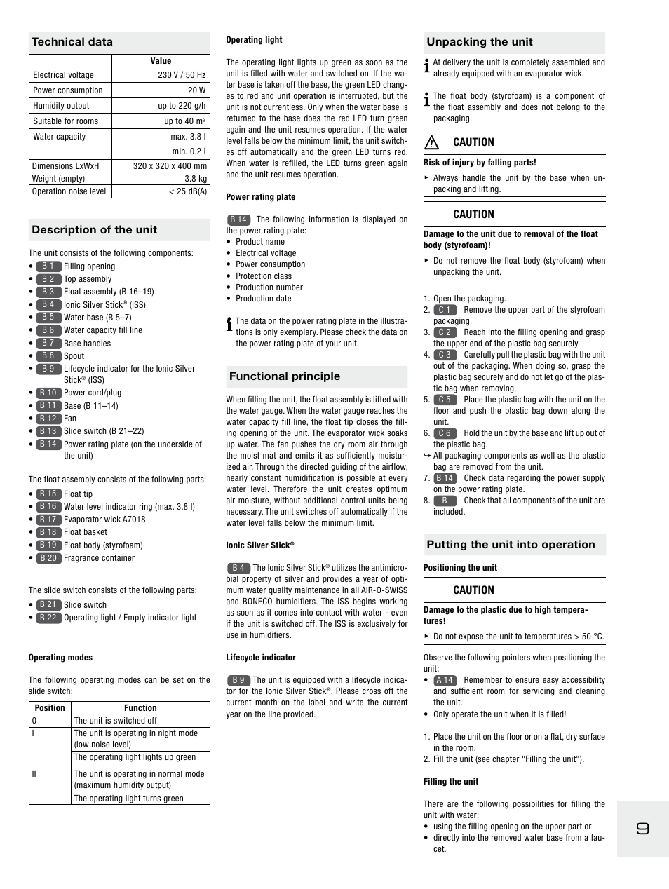 Functional principle, Unpacking the unit, Caution | Putting the unit into operation, Technical data, Description of the unit | Boneco Air-O-Swiss E2441A User Manual | Page 15 / 114