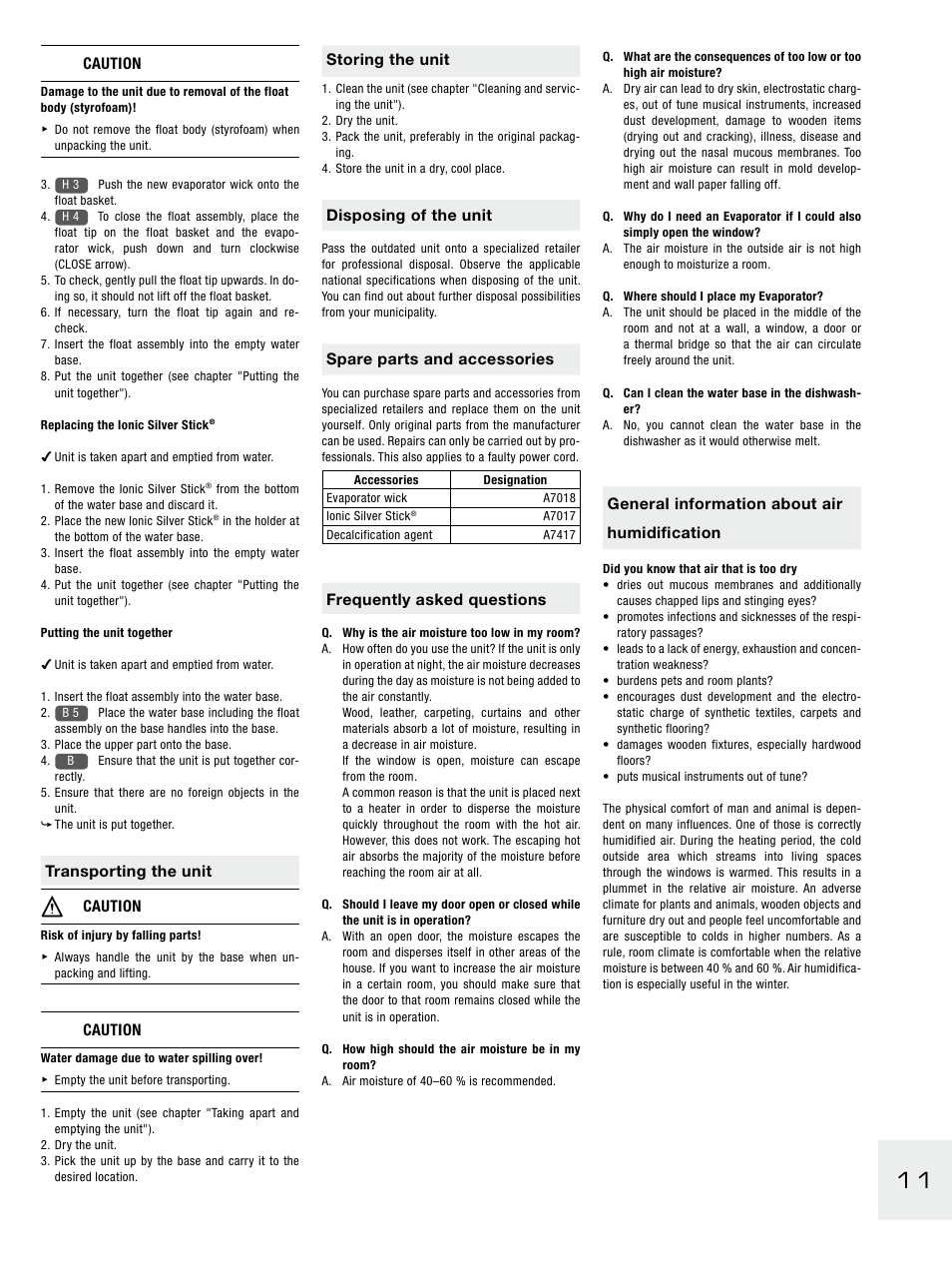 Caution, Transporting the unit caution, Storing the unit | Disposing of the unit, Spare parts and accessories, Frequently asked questions, General information about air humidification | Boneco Air-O-Swiss E2441A User Manual | Page 17 / 114