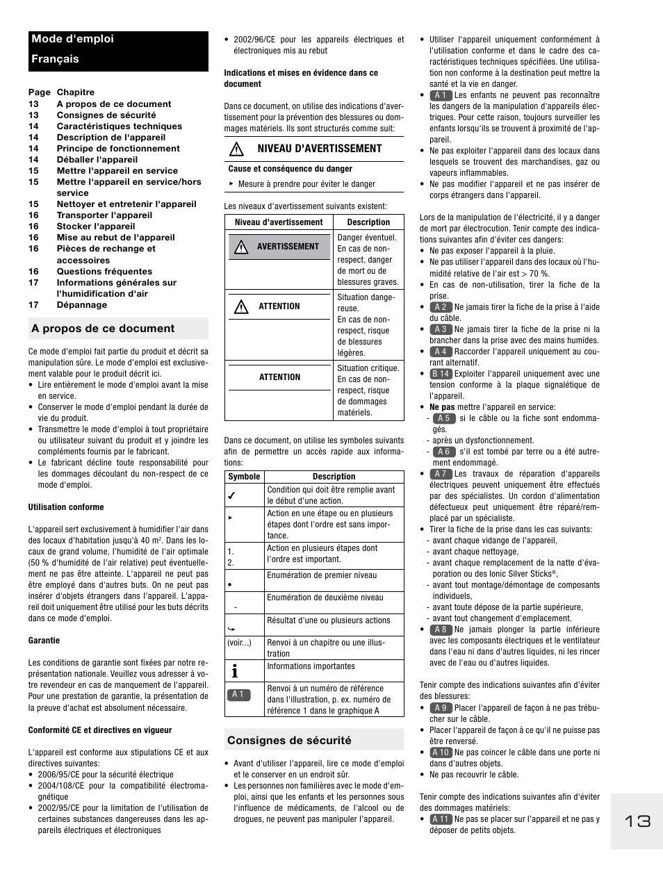 A propos de ce document, Niveau d'avertissement, Consignes de sécurité | Mode d'emploi français | Boneco Air-O-Swiss E2441A User Manual | Page 19 / 114