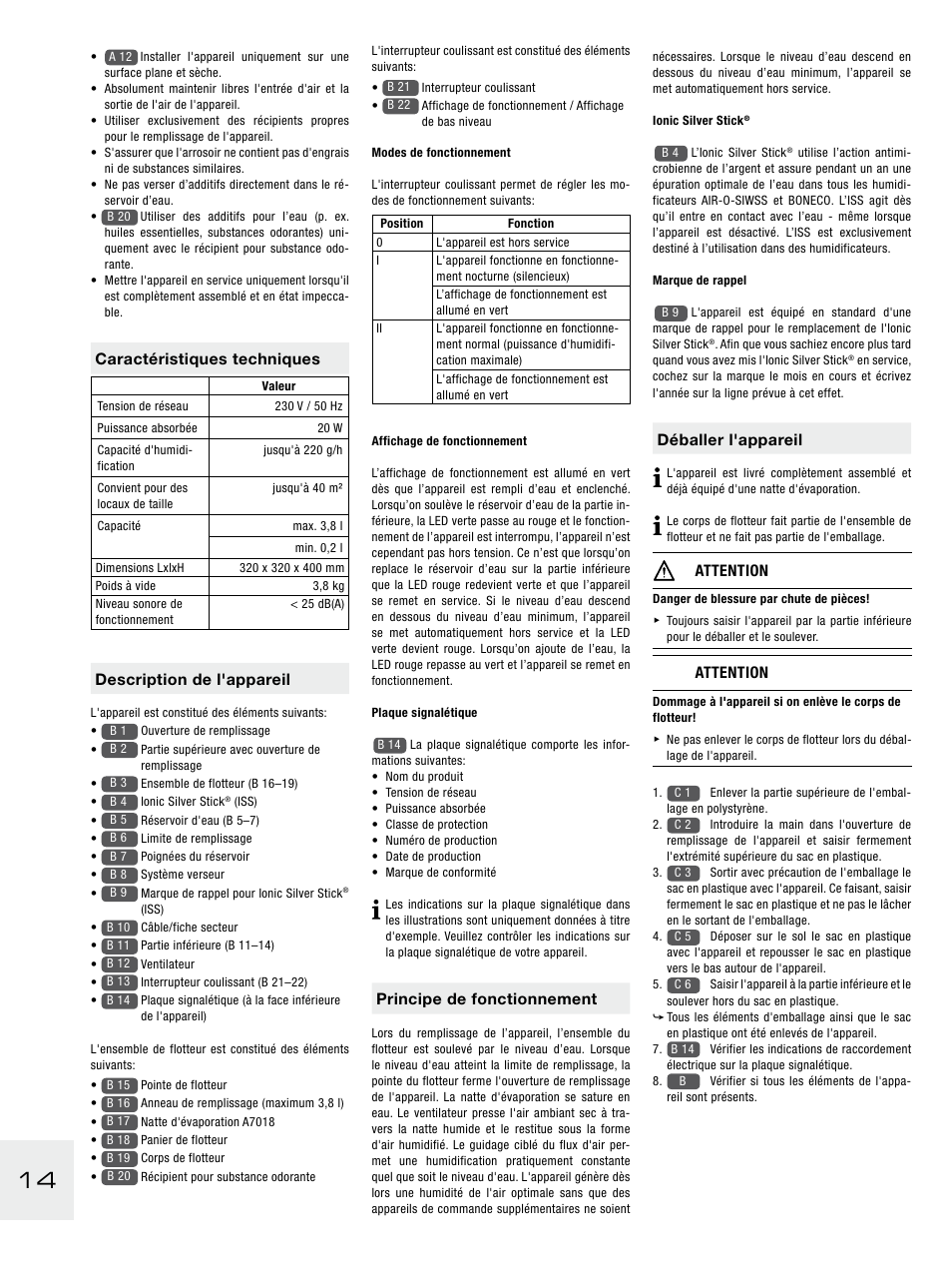 Principe de fonctionnement, Déballer l'appareil, Attention | Caractéristiques techniques, Description de l'appareil | Boneco Air-O-Swiss E2441A User Manual | Page 20 / 114