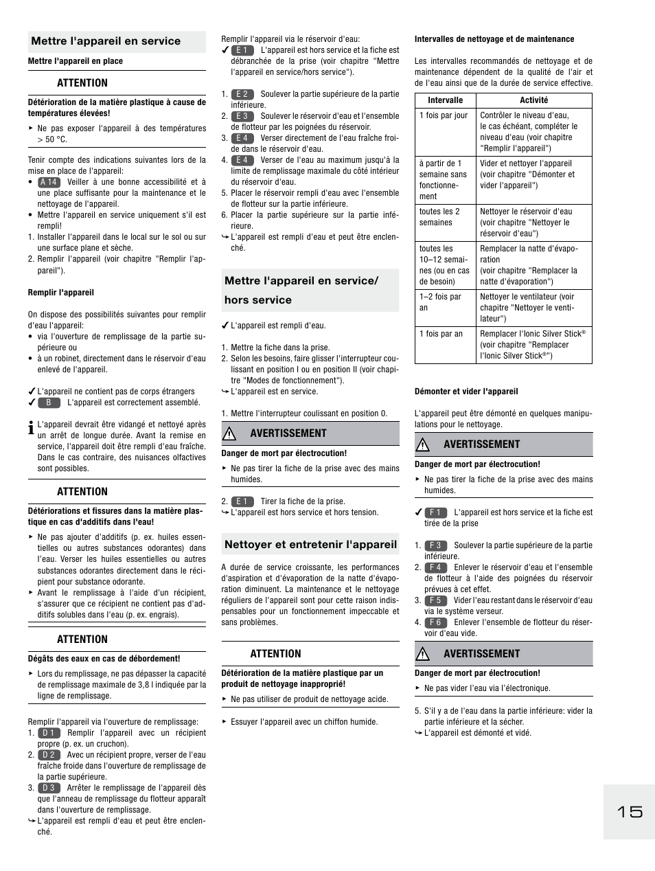 Mettre l'appareil en service, Attention, Mettre l'appareil en service/ hors service | Avertissement, Nettoyer et entretenir l'appareil | Boneco Air-O-Swiss E2441A User Manual | Page 21 / 114
