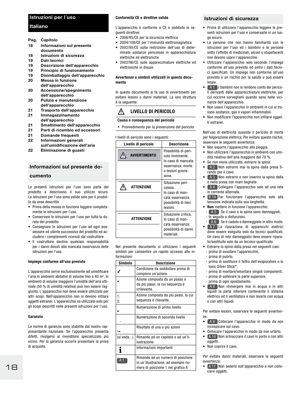 Informazioni sul presente do- cumento, Livello di pericolo, Istruzioni di sicurezza | Istruzioni per l´uso italiano | Boneco Air-O-Swiss E2441A User Manual | Page 24 / 114