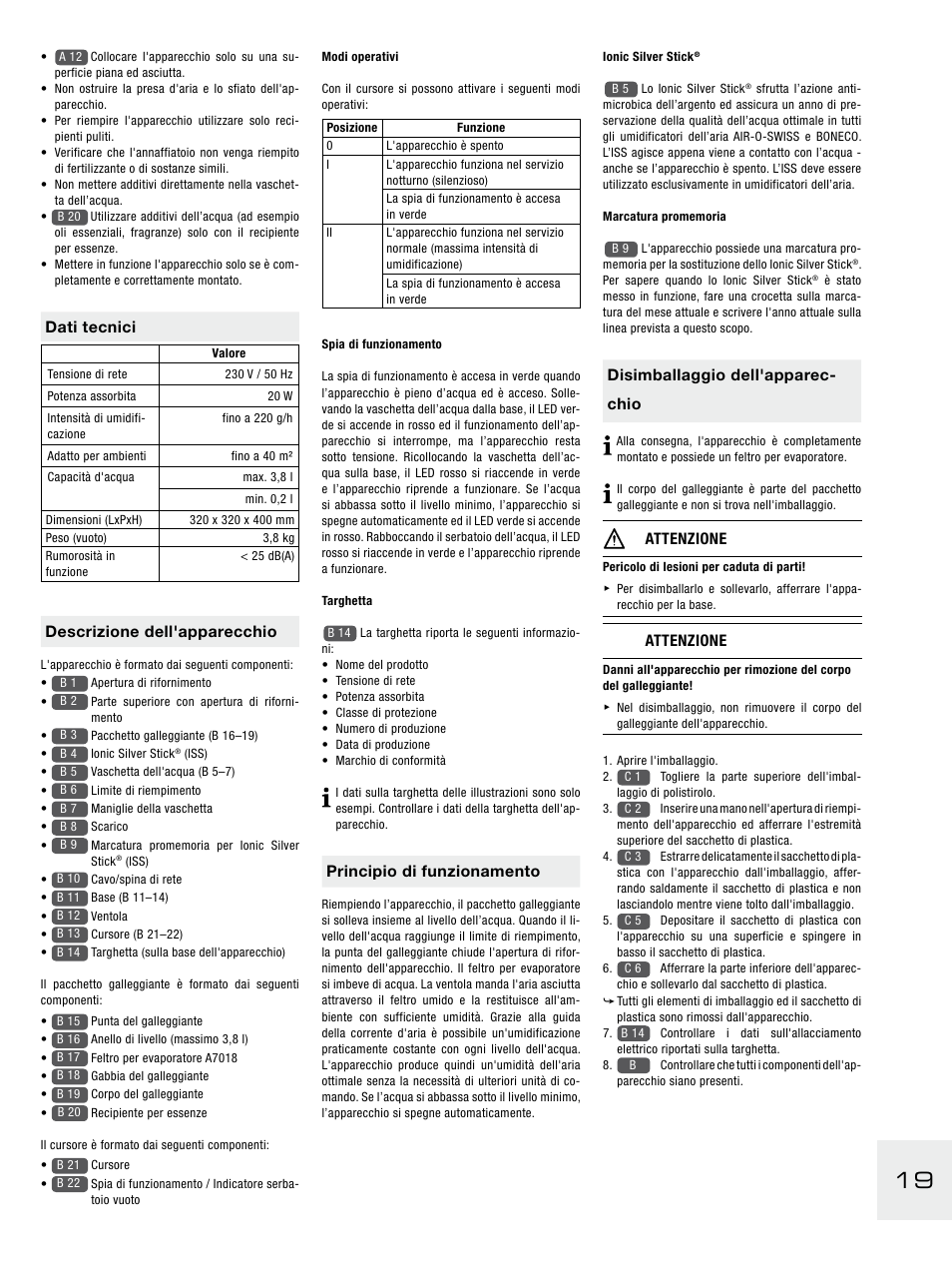 Principio di funzionamento, Disimballaggio dell'apparec- chio, Attenzione | Dati tecnici, Descrizione dell'apparecchio | Boneco Air-O-Swiss E2441A User Manual | Page 25 / 114
