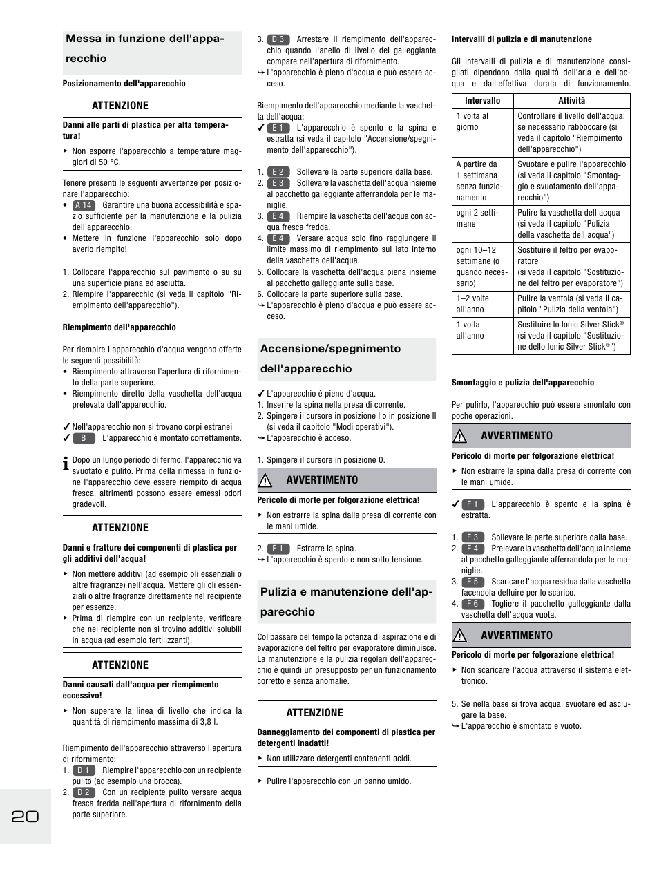 Messa in funzione dell'appa- recchio, Attenzione, Accensione/spegnimento dell'apparecchio | Avvertimento, Pulizia e manutenzione dell'ap- parecchio | Boneco Air-O-Swiss E2441A User Manual | Page 26 / 114