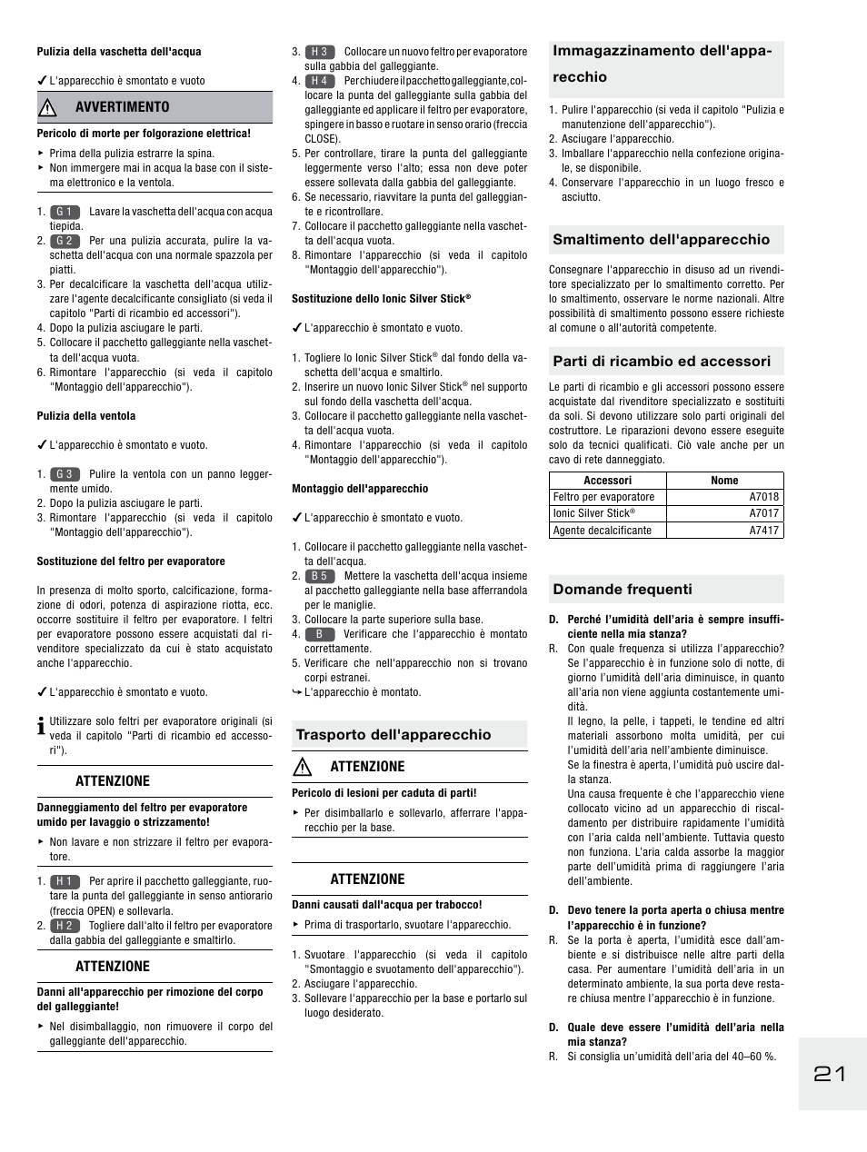 Avvertimento, Attenzione, Trasporto dell'apparecchio attenzione | Immagazzinamento dell'appa- recchio, Smaltimento dell'apparecchio, Parti di ricambio ed accessori, Domande frequenti | Boneco Air-O-Swiss E2441A User Manual | Page 27 / 114
