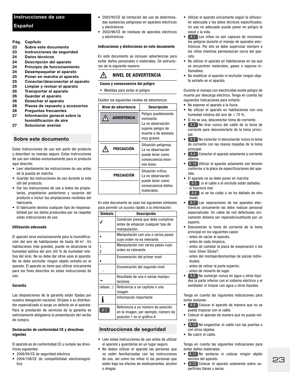 Sobre este documento, Nivel de advertencia, Instrucciones de seguridad | Instrucciones de uso español | Boneco Air-O-Swiss E2441A User Manual | Page 29 / 114