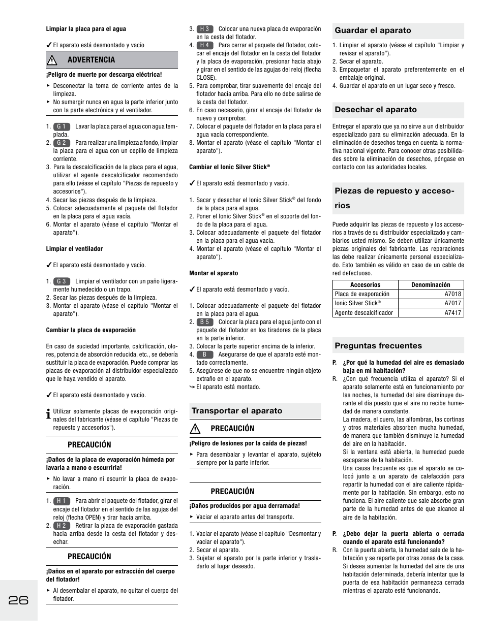 Advertencia, Precaución, Transportar el aparato precaución | Guardar el aparato, Desechar el aparato, Piezas de repuesto y acceso- rios, Preguntas frecuentes | Boneco Air-O-Swiss E2441A User Manual | Page 32 / 114