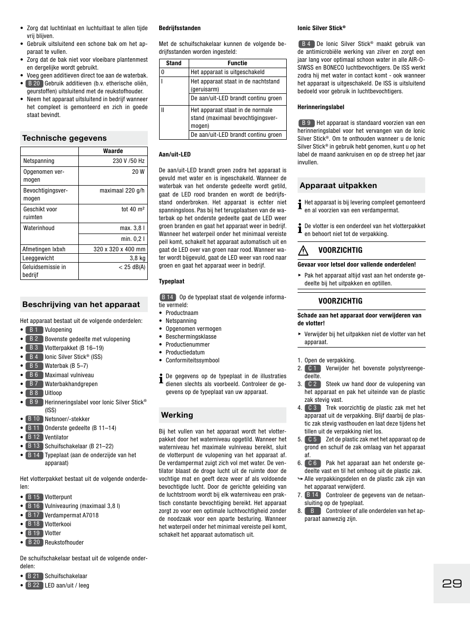 Werking, Apparaat uitpakken, Voorzichtig | Technische gegevens, Beschrijving van het apparaat | Boneco Air-O-Swiss E2441A User Manual | Page 35 / 114