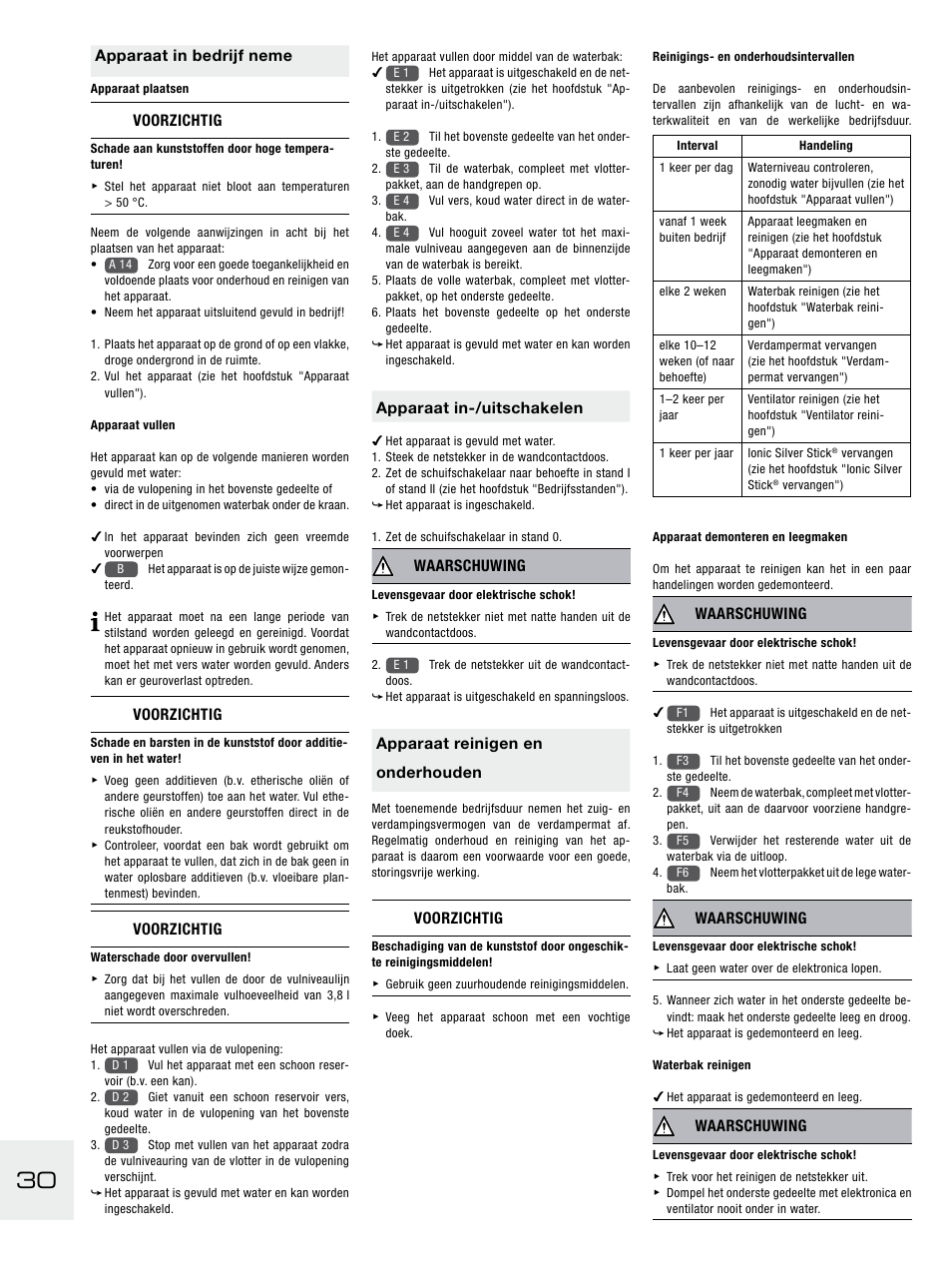 Apparaat in bedrijf neme, Voorzichtig, Apparaat in-/uitschakelen | Waarschuwing, Apparaat reinigen en onderhouden | Boneco Air-O-Swiss E2441A User Manual | Page 36 / 114